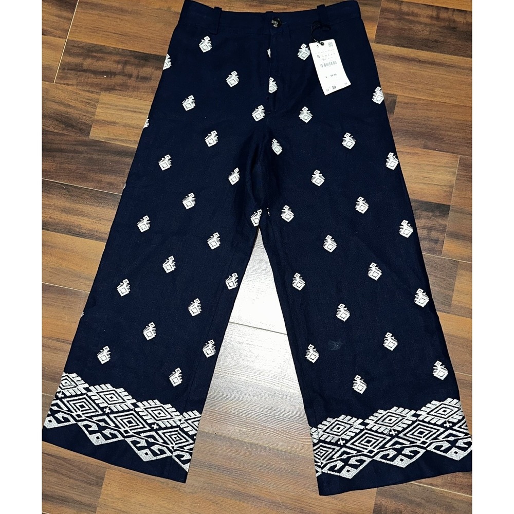 ZARA NAVY FLOWING HIGH WAIST LINEN TROUSERS WIDE LEG EMBROIDERED CULOTTES PANT S